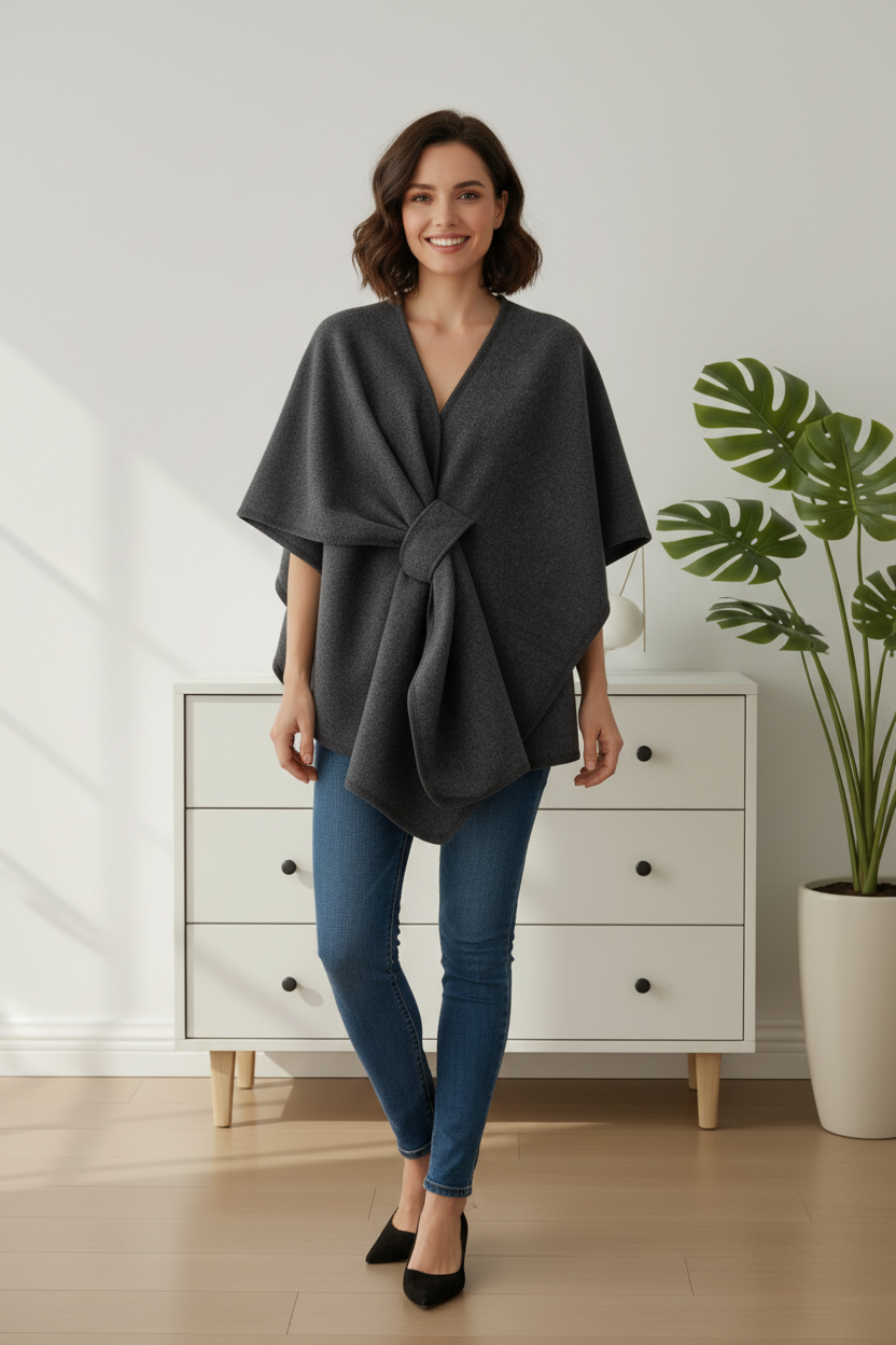 Poncho grigio con ragazza sorridente