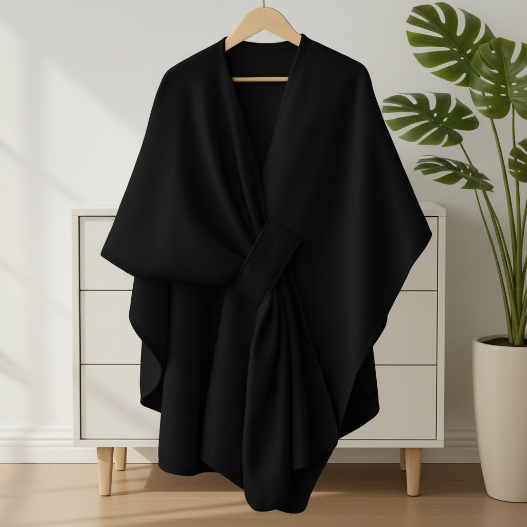 Poncho nero con pianta verde e mobile moderno