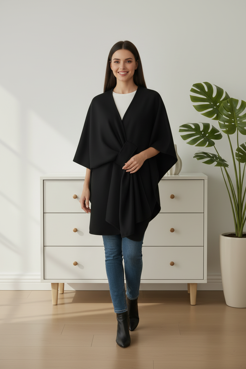 Poncho nero indossato