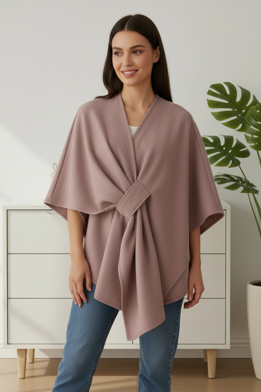 Poncho rosa malva indossato